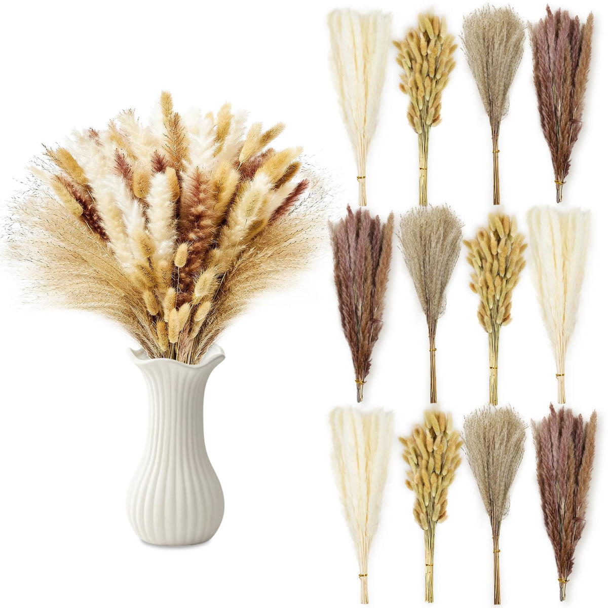 Le courant 17" Dried Pampas Grass Decor, Naturally Small Boho Pampas Grass with Bunny Tails & Reed Grass for Home Table Decor, Wedding, Rustic Farmhouse Party Decorations, White and Brown (200pc)