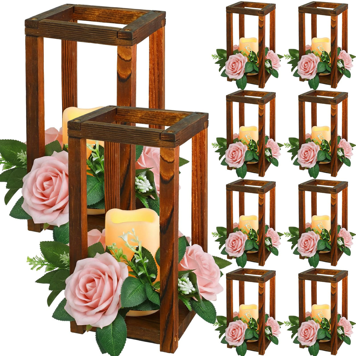 Hushee 30 Pcs Wooden Wedding Lantern Centerpiece, Red Rose, Brown