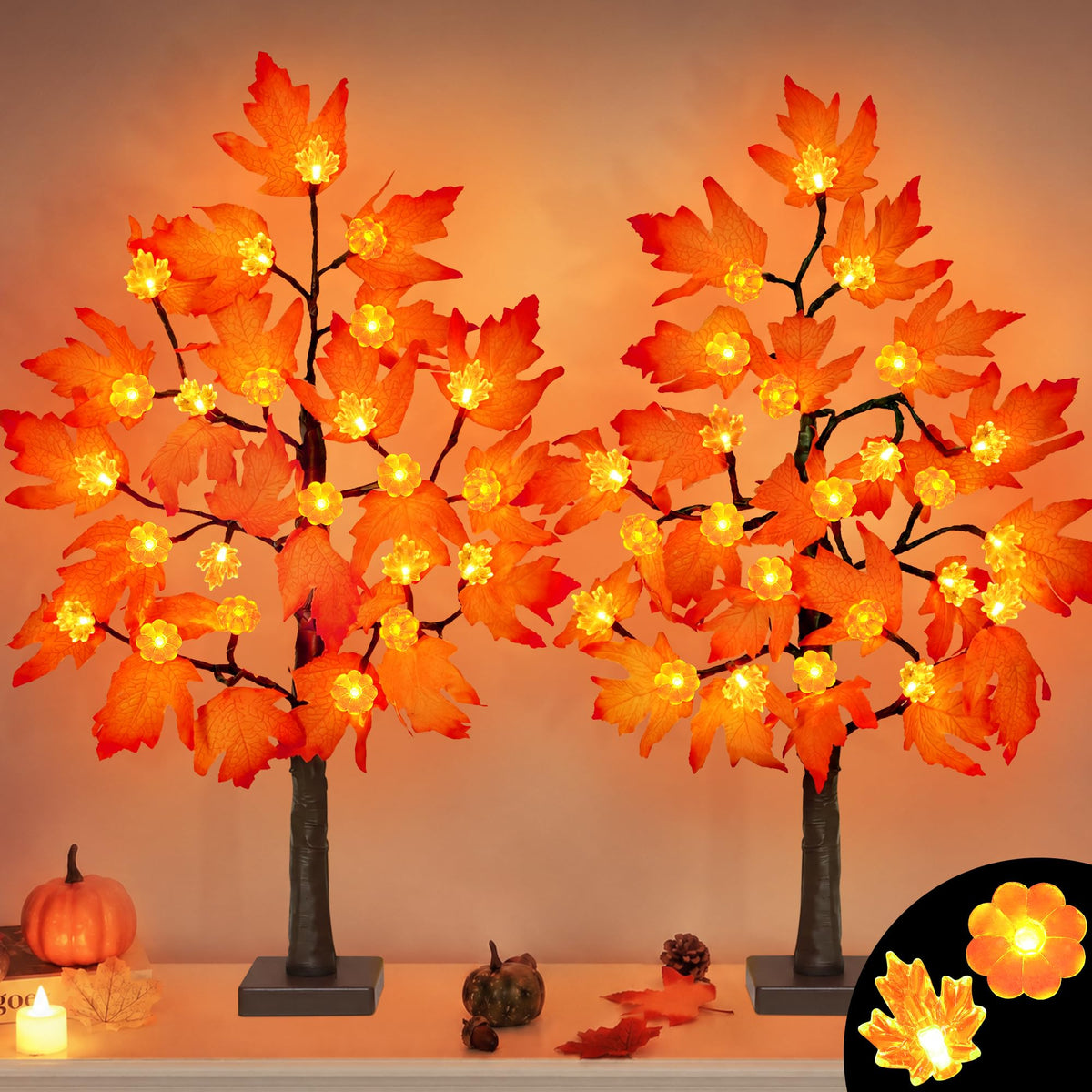 [Timer] 2 Pack 24 Inch Fall Maple Tree Decor with 48 LED Fall Thanksgiving Decorations, Battery Operated Fall Tree Lights with Pumpkin Acorn Maple for Fall Thanksgiving Table Decorations Home Indoor
