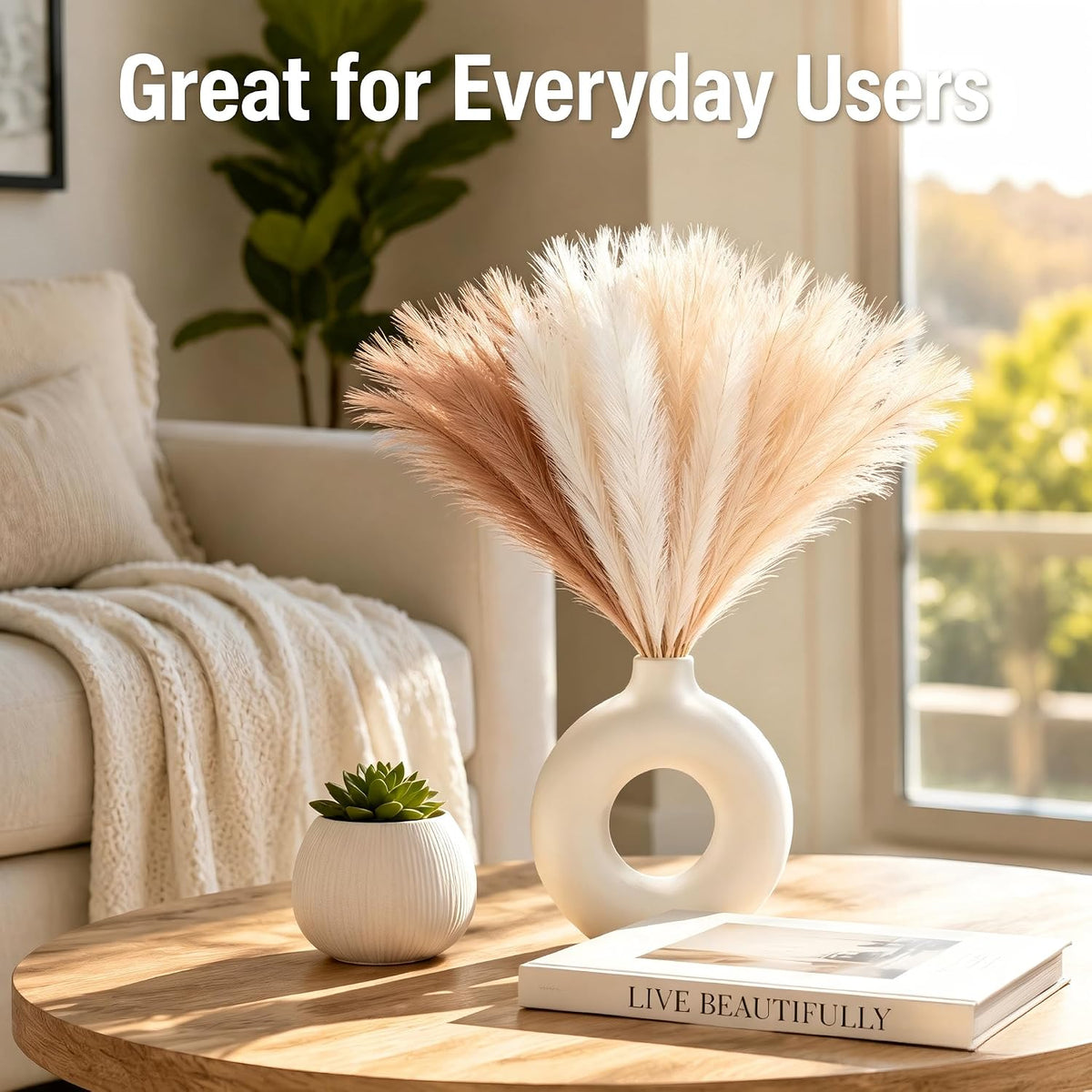 QGG 60 PCS 21.7 Inch Ultra Fluffy FauxPampas Grass, No Shedding ArtificialDried Grass, Boho Home BedroomWedding Vase Filler Floral ArrangementDecor(Sand & Beige & Light Brown)