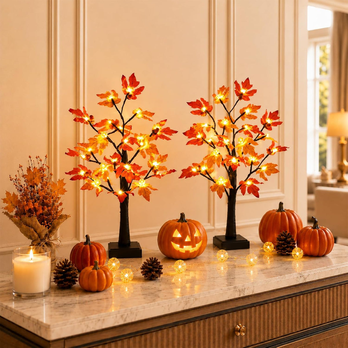 Fall Decor 2 Pack 24 Inch Maple Tree Lights - 48 LED Autumn Decorations with Pumpkins & Acorns, Timer, USB & Battery Powered - Thanksgiving Decorations for Home Table Indoor Fireplace