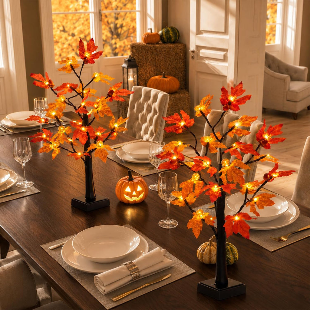 Fall Decor 2 Pack 24 Inch Maple Tree Lights - 48 LED Autumn Decorations with Pumpkins & Acorns, Timer, USB & Battery Powered - Thanksgiving Decorations for Home Table Indoor Fireplace