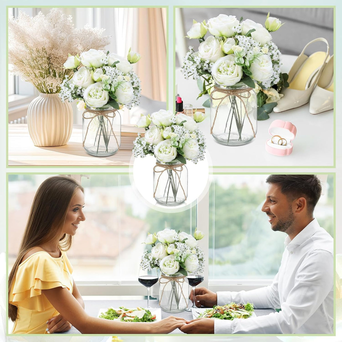 Zeyune 12 Sets Mason Jar Flowers Centerpiece Table Decorations,Green
