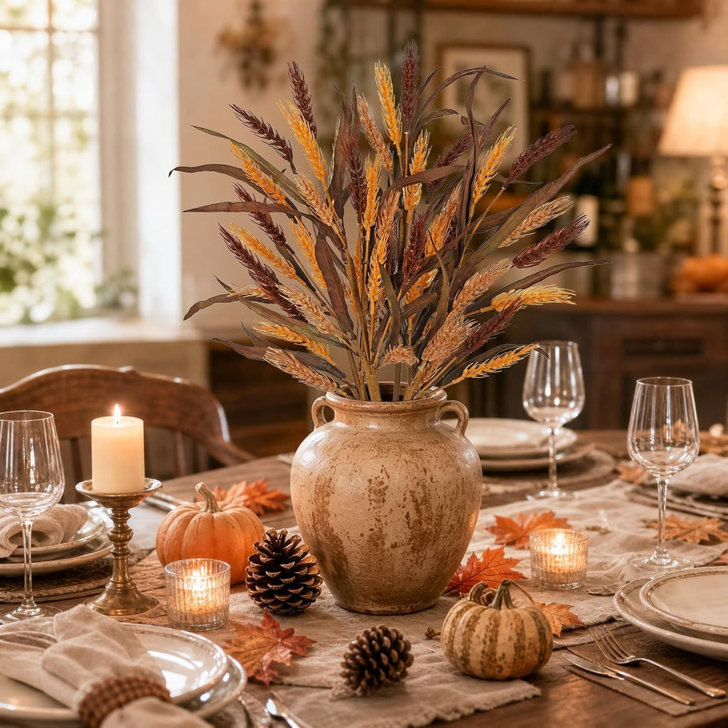 Hollyone 4Pcs Fall Stems Artificial Wheat Stalks 24.8inch Fall Floral Stems Wheat Stalks Bundle Arrangement Pampas Grass Flowers Bouquet Boho Decor for Harvest DIY Thanksgiving Farmhouse Decor Orange
