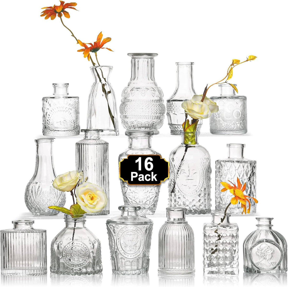 Arme Glass Bud vases in Bulk，Small Glass Flower Vase for Centerpieces 16Pcs