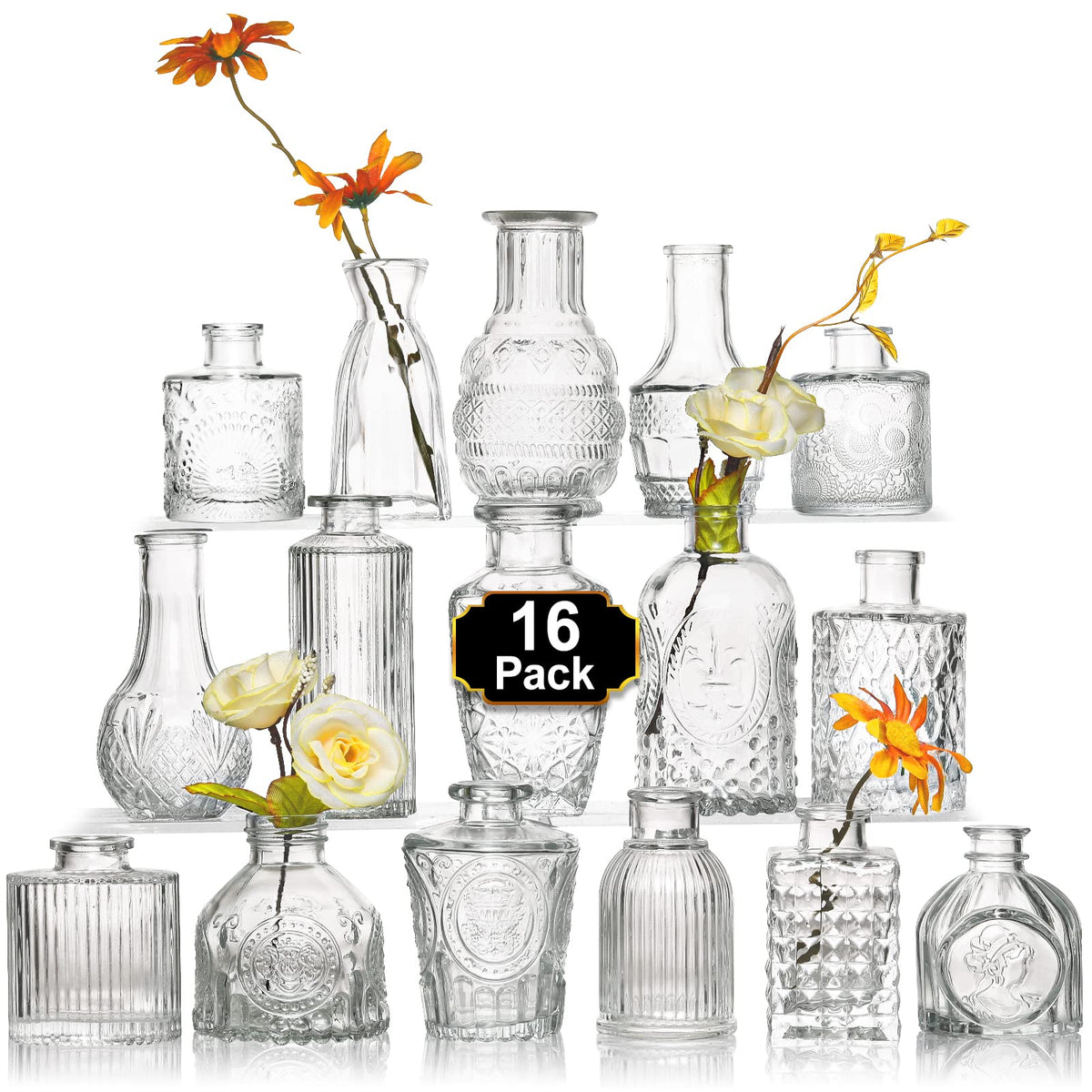 Arme Glass Bud vases in Bulk，Small Glass Flower Vase for Centerpieces 16Pcs