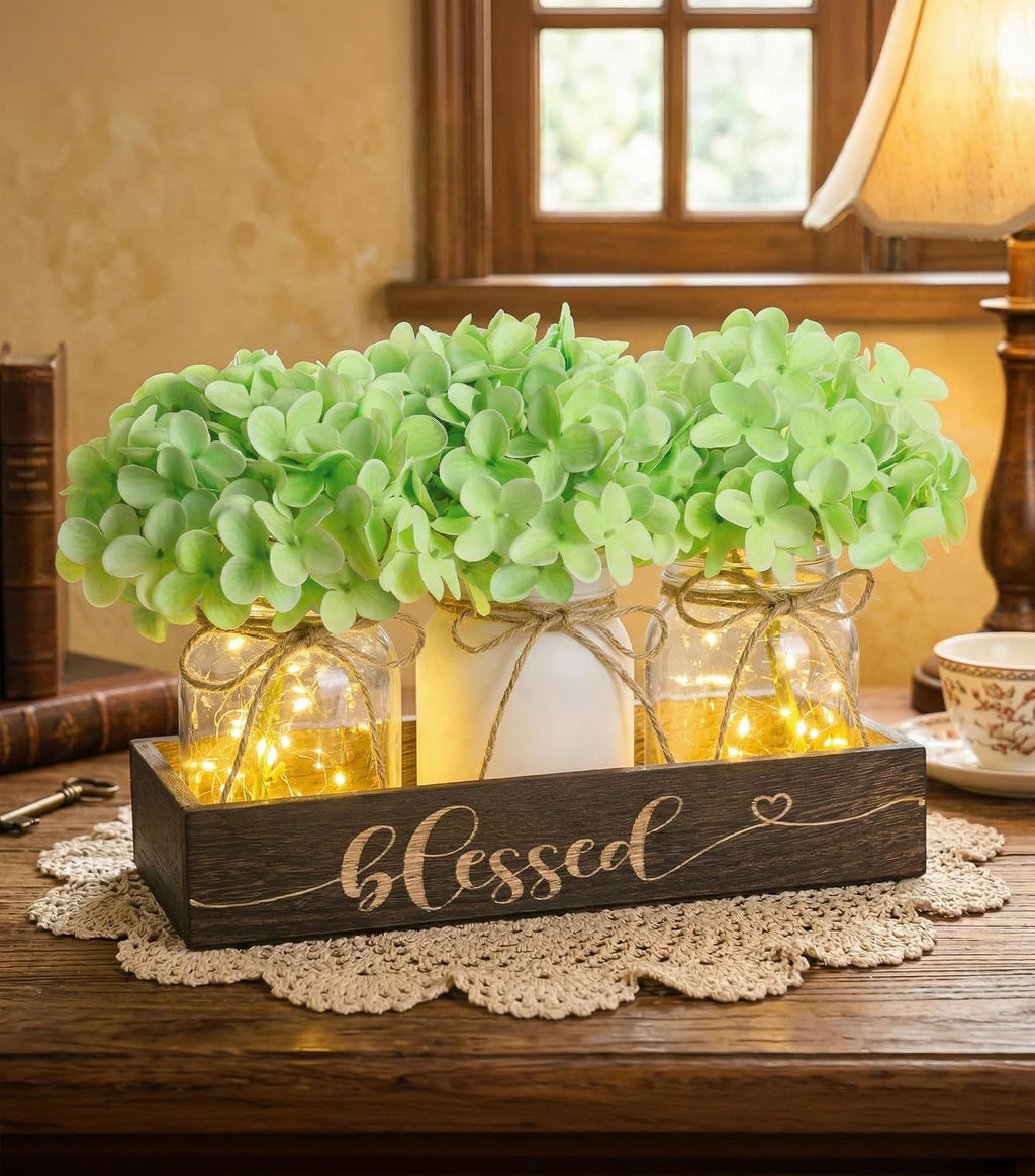 Farmhouse Mason Jar Table Centerpiece with Green Hydrangea Flowers, Lighted Artificial Floral Arrangement with Wood Tray, Rustic Table Decor for Kitchen Coffee Table Living Room Home