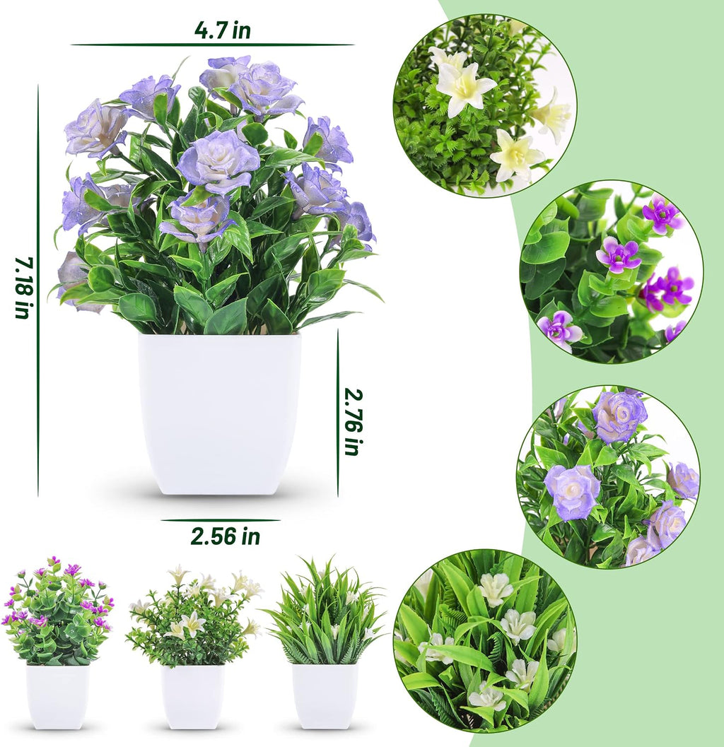 Der Rose 4 Pack Small Fake Plants with Flowers, Spring Home Bathroom Decor