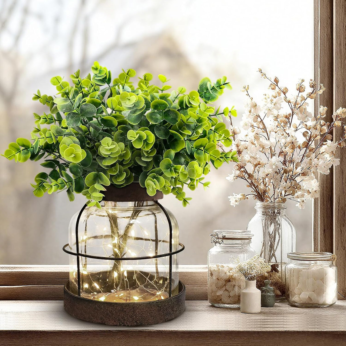 Rustic Farmhouse Glass Vases with Green Artificial Eucalyptus Plants & Lights Primitive Vintage Lantern Home Decor Centerpiece for Counter Coffee Table Shelf Desk Office Dining Room Kitchen Bathroom