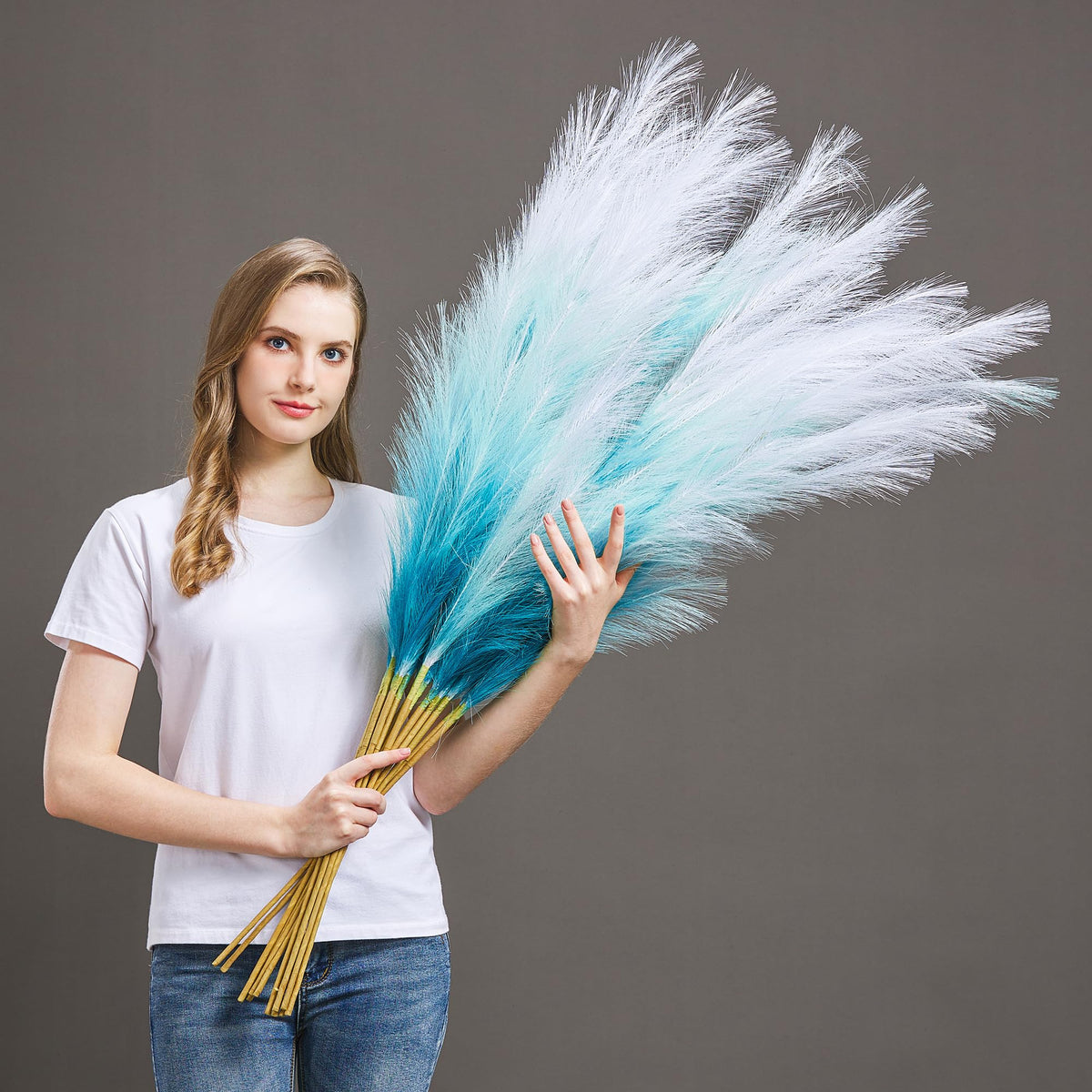 7 Pcs 45" Faux Pampas Grass – Fluffy Artificial Pompous Grass for Tall Floor Vase, Non-Shedding Home Decor, Boho Wedding Flowers, Baby Shower Centerpieces, Bedroom & Living Room Decor (Blue)