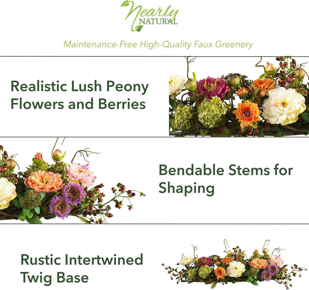 Nearly Natural 4665 Mixed Mini Peony Centerpiece Silk Flower Arrangement,10"D x 34"W x 6.5"H