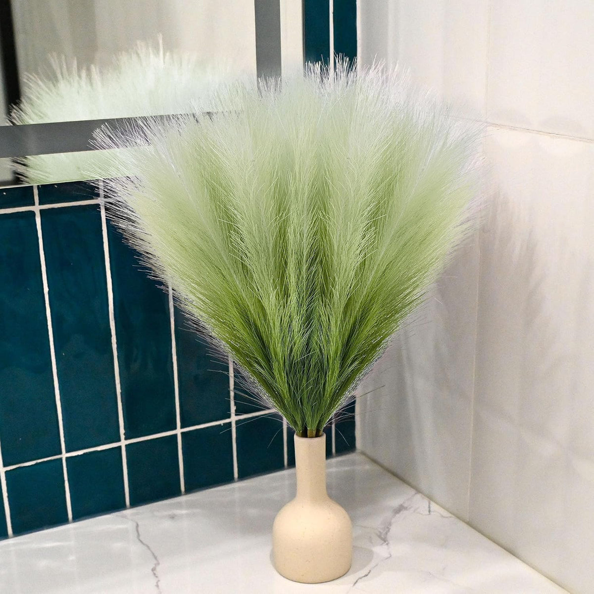 6 PCS Faux Pampas Grass Arrangement - 18"/45cm Artificial Fluffy Pompous Grass Stems for Boho Chic Home and Wedding Decor (Sage Green Gradient)