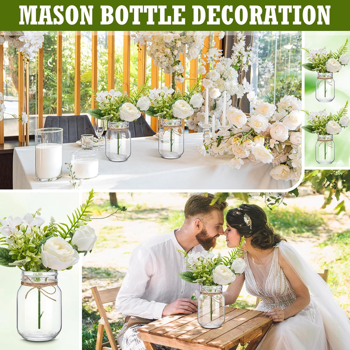 XunYee 10 Set Mason Jars for Centerpieces,White,Rose