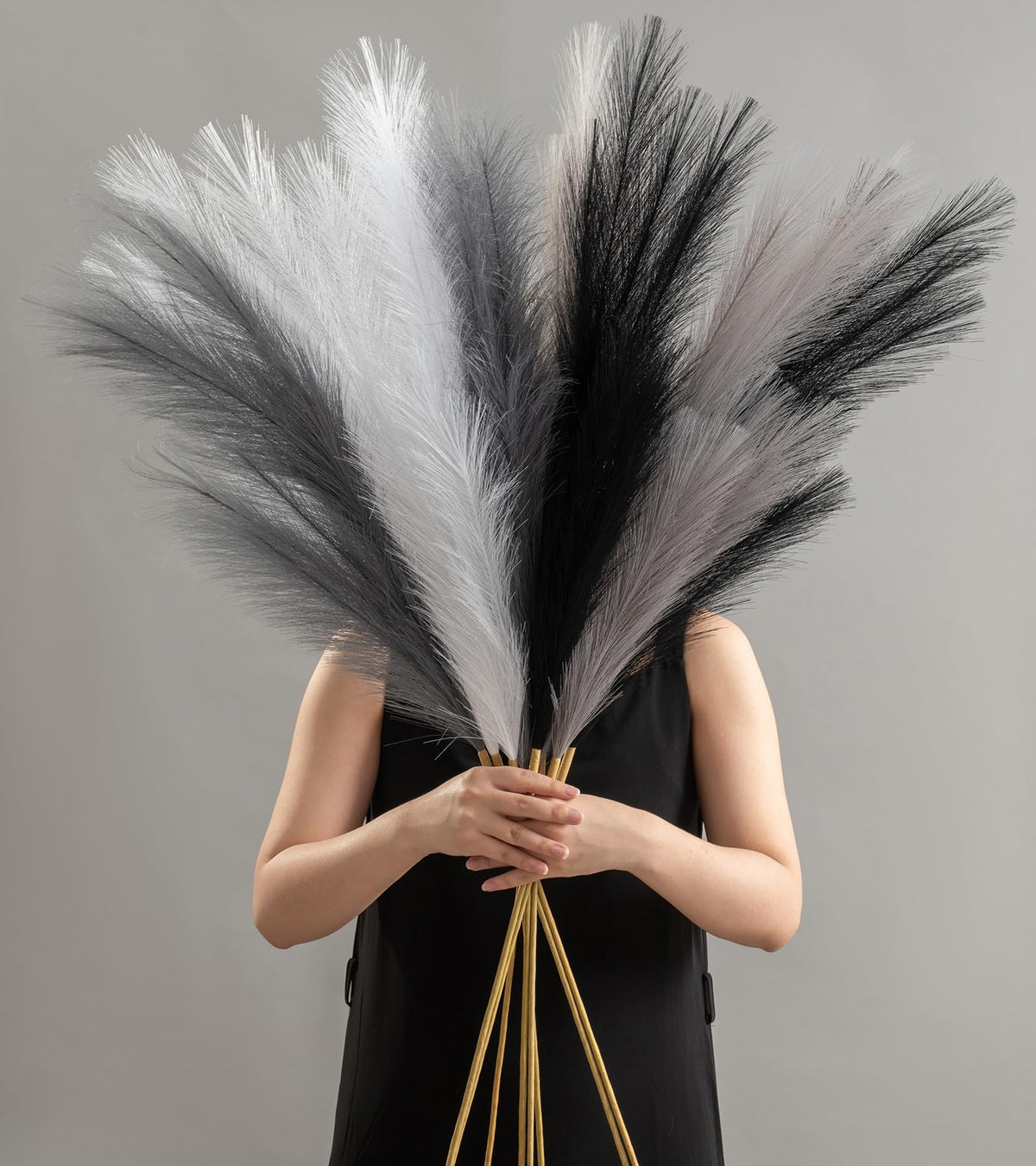 SeptCat 9 Pcs 45" Faux Dried Pampas Grass Tall Decor, Fluffy Fake Long Pompas Artificial Black Grey Gray Pompous Stems Bouquet Flower Arrangement Vase Filler for Boho Home Wedding Decoration