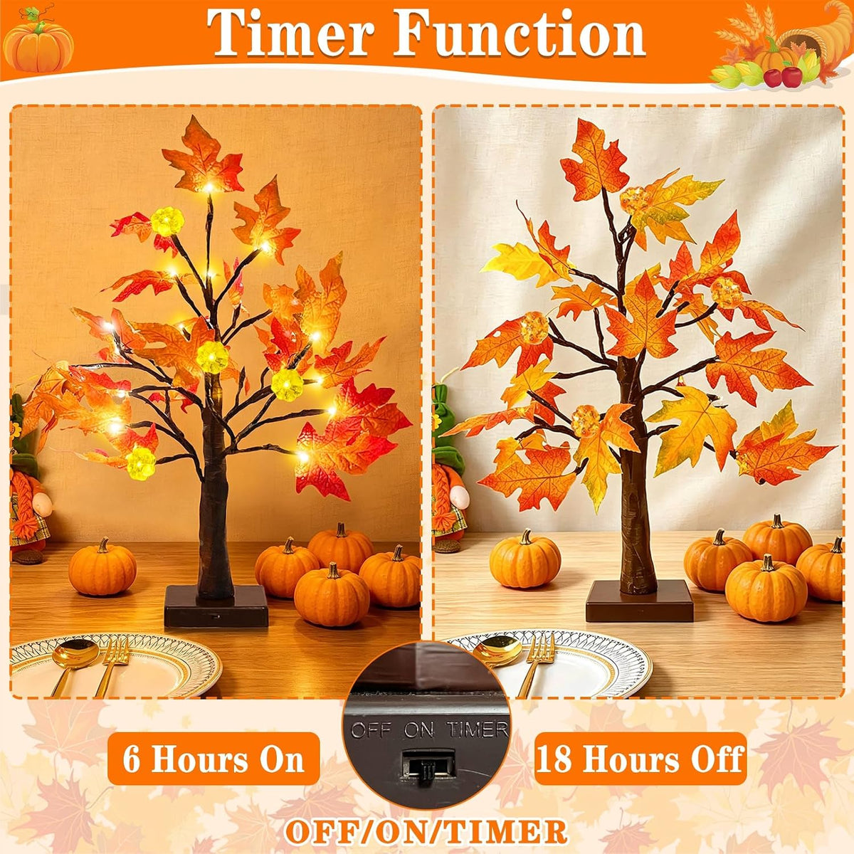 Prelit Fall Maple Tree with Pumpkin Lights Timer 24 Warm White LED 18 Inch