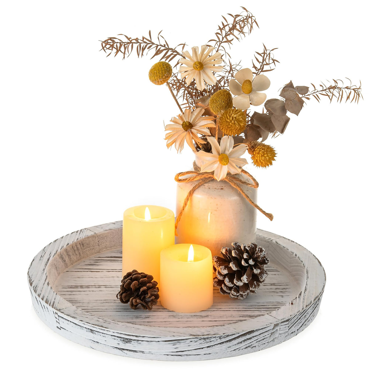Hanobe Wooden Tray for Coffee Table, Decorative Round Candle Holder Plate