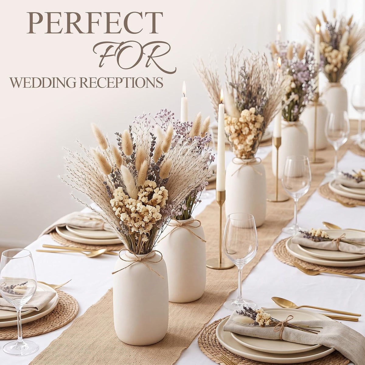 25 Pcs Dried Pampas Grass Centerpiece with Ceramic Vases, Classic
