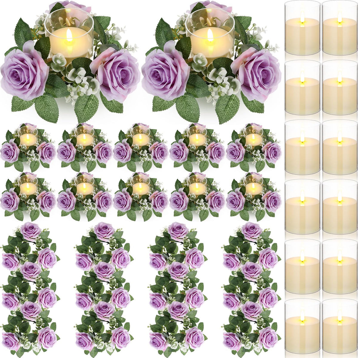 Yunlly 12 Pcs Rose Candle Rings with Candles Sets, White