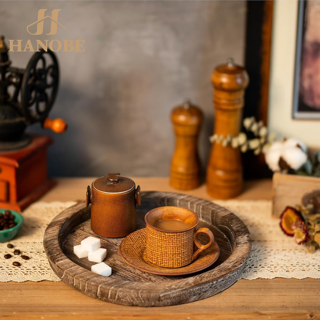Hanobe Wooden Tray for Coffee Table, Decorative Round Candle Holder Plate