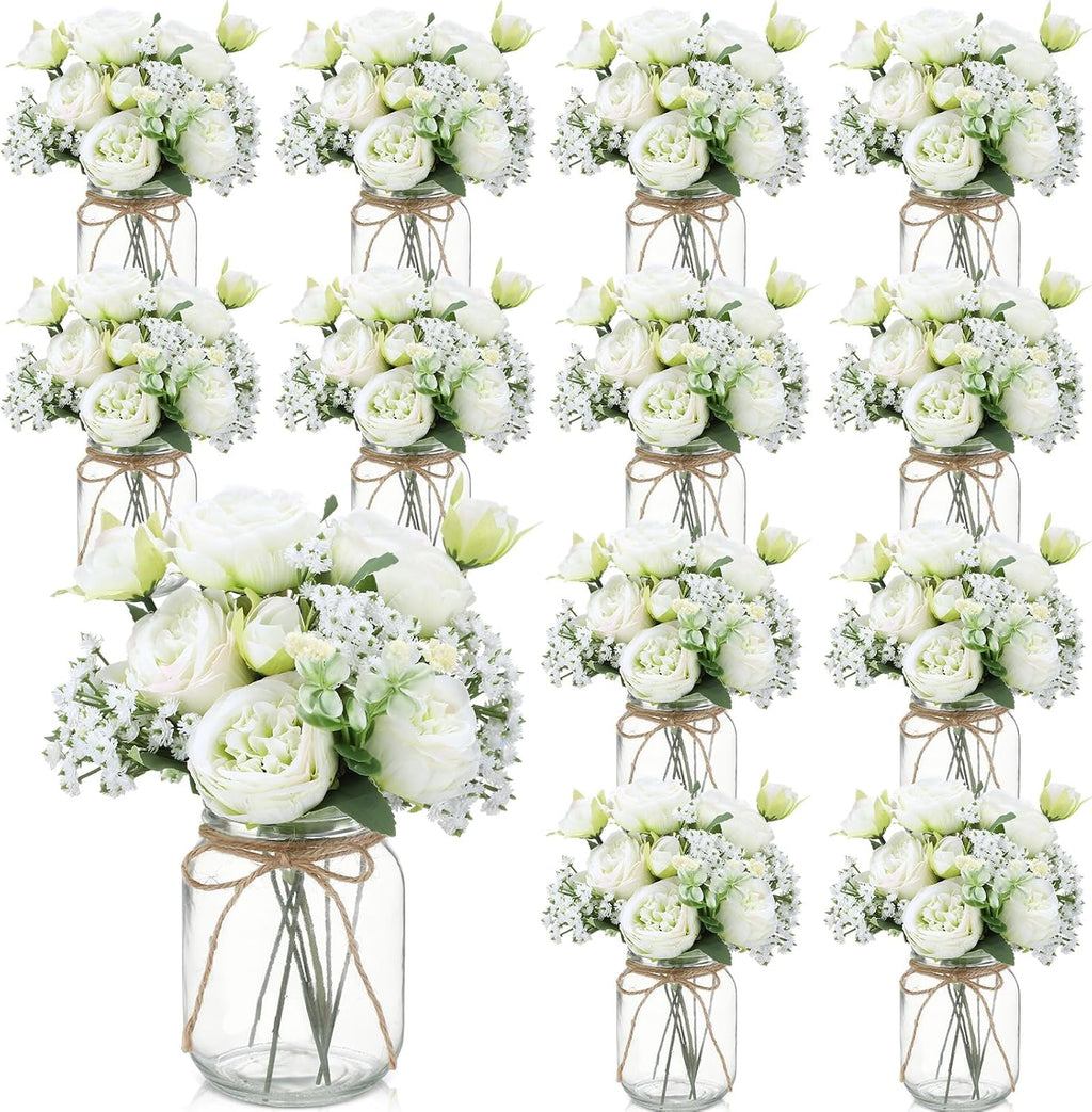 Zeyune 12 Sets Mason Jar Flowers Centerpiece Table Decorations,Green