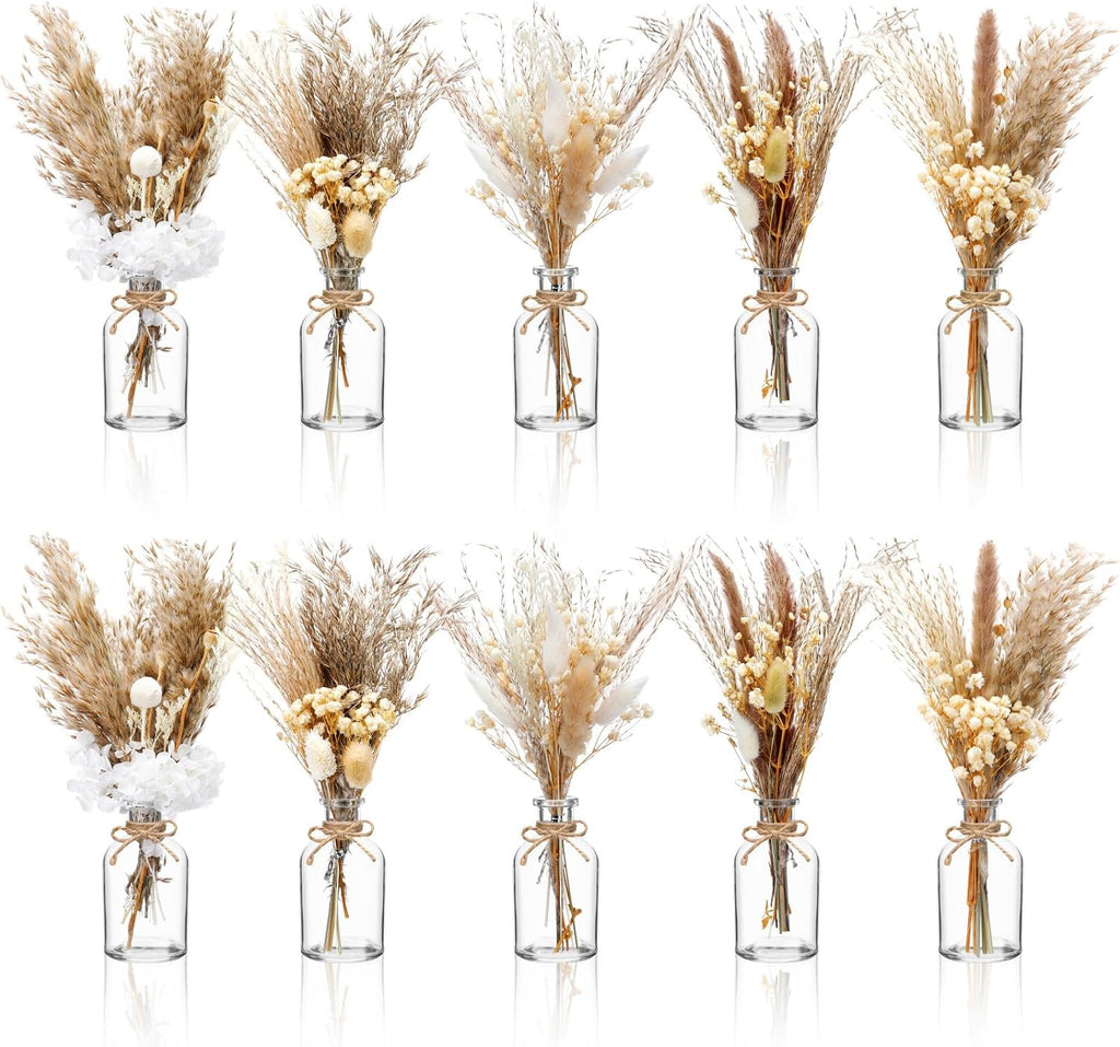 Nuanchu 10 Pcs Dried Pampas Grass Centerpiece with 10 Glass Vase, Rope