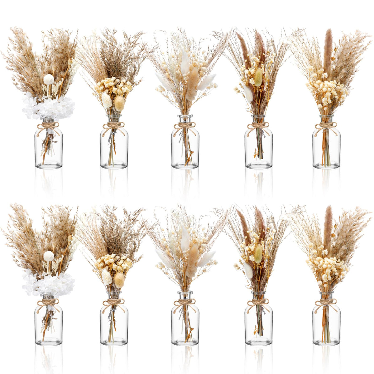 Nuanchu 10 Pcs Dried Pampas Grass Centerpiece with 10 Glass Vase, Rope