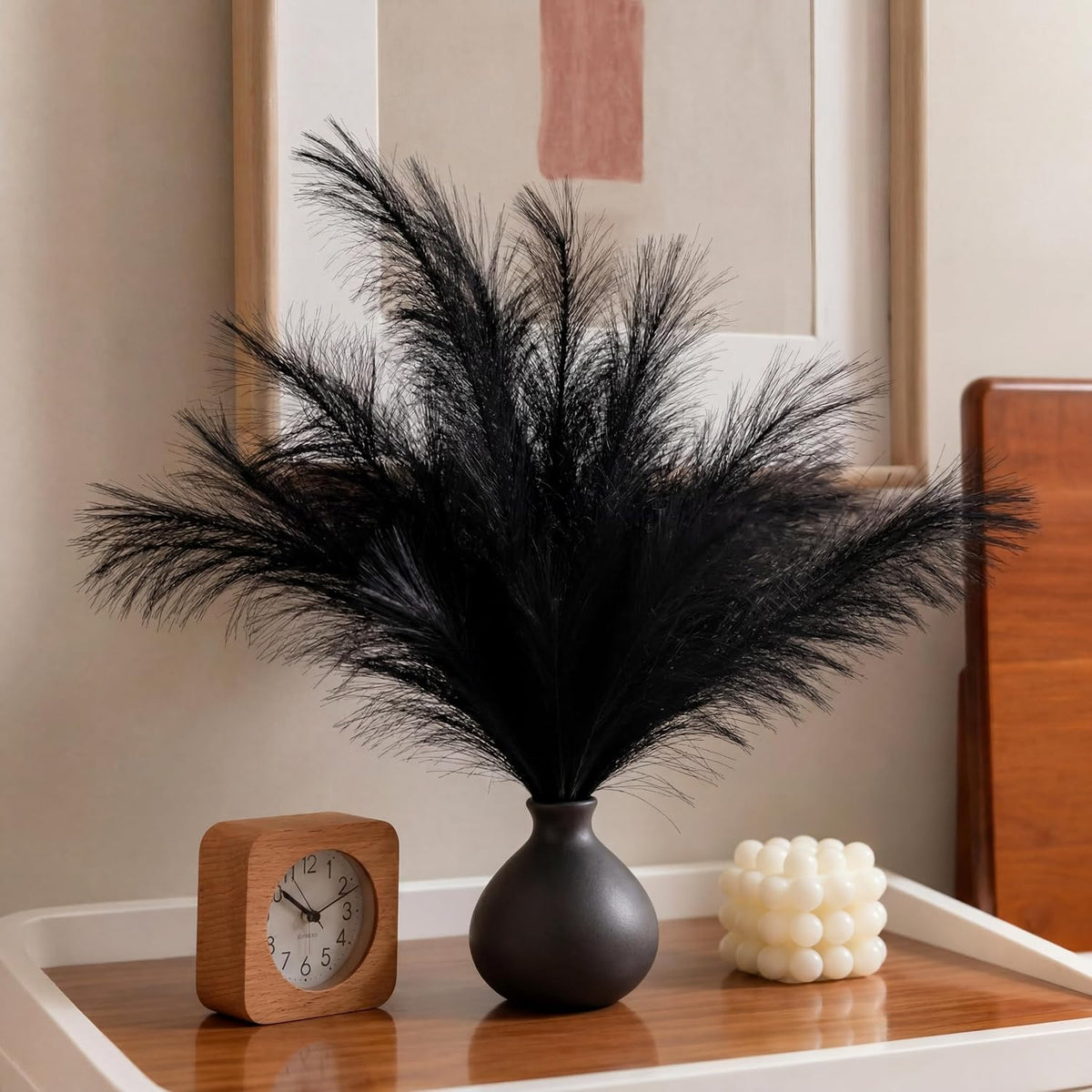 30Pcs Black Pampas Grass Decor, 22'' Fluffy Faux Pampas Grass Branches for Vase Fillers, Short Artificial Pompous Feathers for Home Room Centerpieces Wedding Gothic Decor