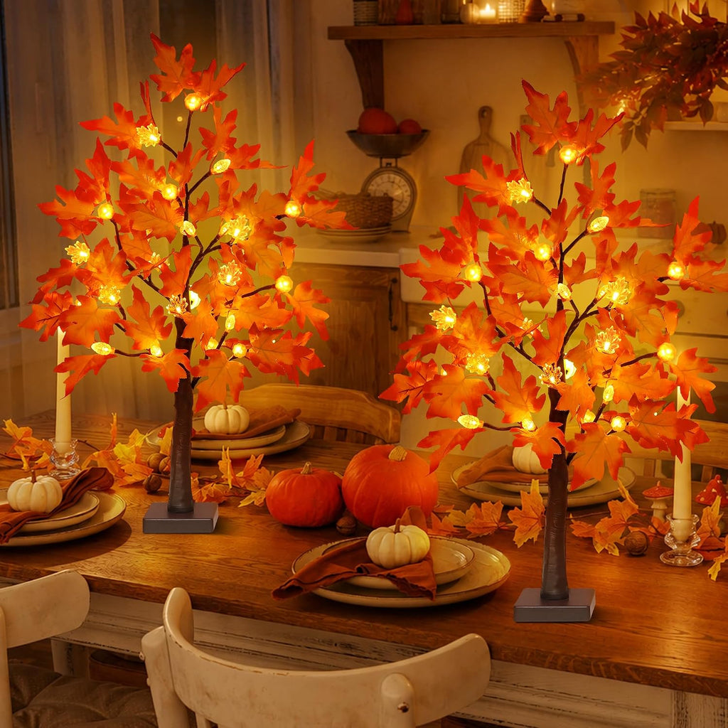 [Timer] 2 Pack 24 Inch Fall Maple Tree Decor with 48 LED Fall Thanksgiving Decorations, Battery Operated Fall Tree Lights with Pumpkin Acorn Maple for Fall Thanksgiving Table Decorations Home Indoor