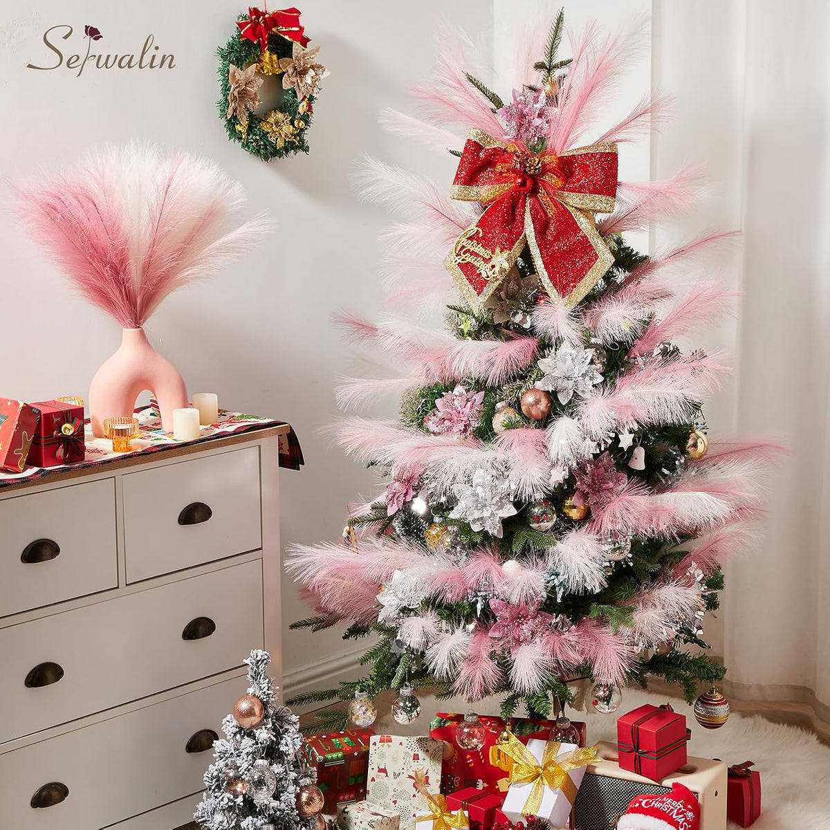 Serwalin 60PCS 17.7" Pink Pampas Grass Boho Feathers Decor for Home Decor
