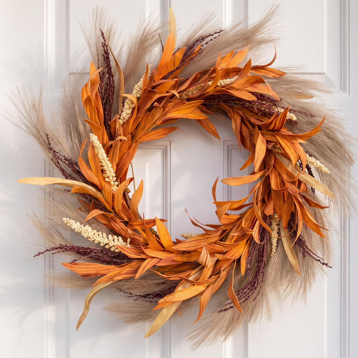 Perfnique Pampas Grass Wreath, 25'' Faux Pampas Wreath for Front Door, Artificial Pampas Wreath for All Seasons, Boho Wall Decor, Farmhouse Pampas Grass Garland, DIY Wreath Arrangement (Ivory&Taupe)