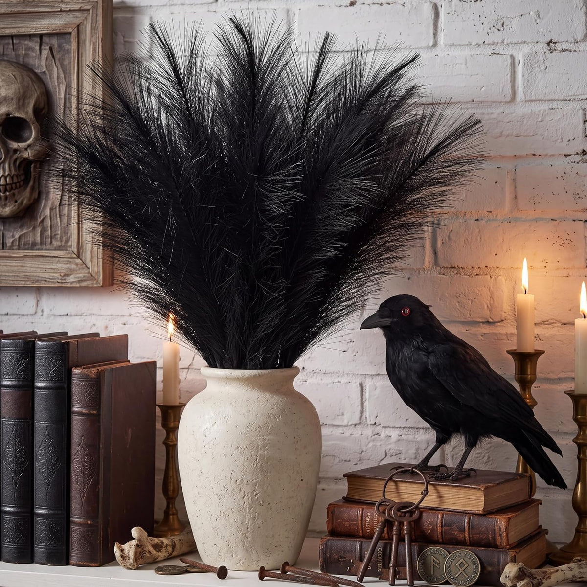 30Pcs Black Pampas Grass Decor, 22'' Fluffy Faux Pampas Grass Branches for Vase Fillers, Short Artificial Pompous Feathers for Home Room Centerpieces Wedding Gothic Decor