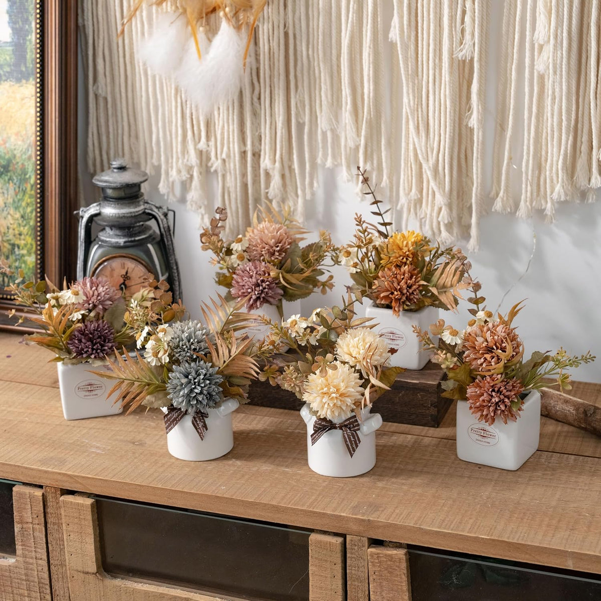 LUEUR 6PCS Artificial Fall Flowers with Ceramic Vase