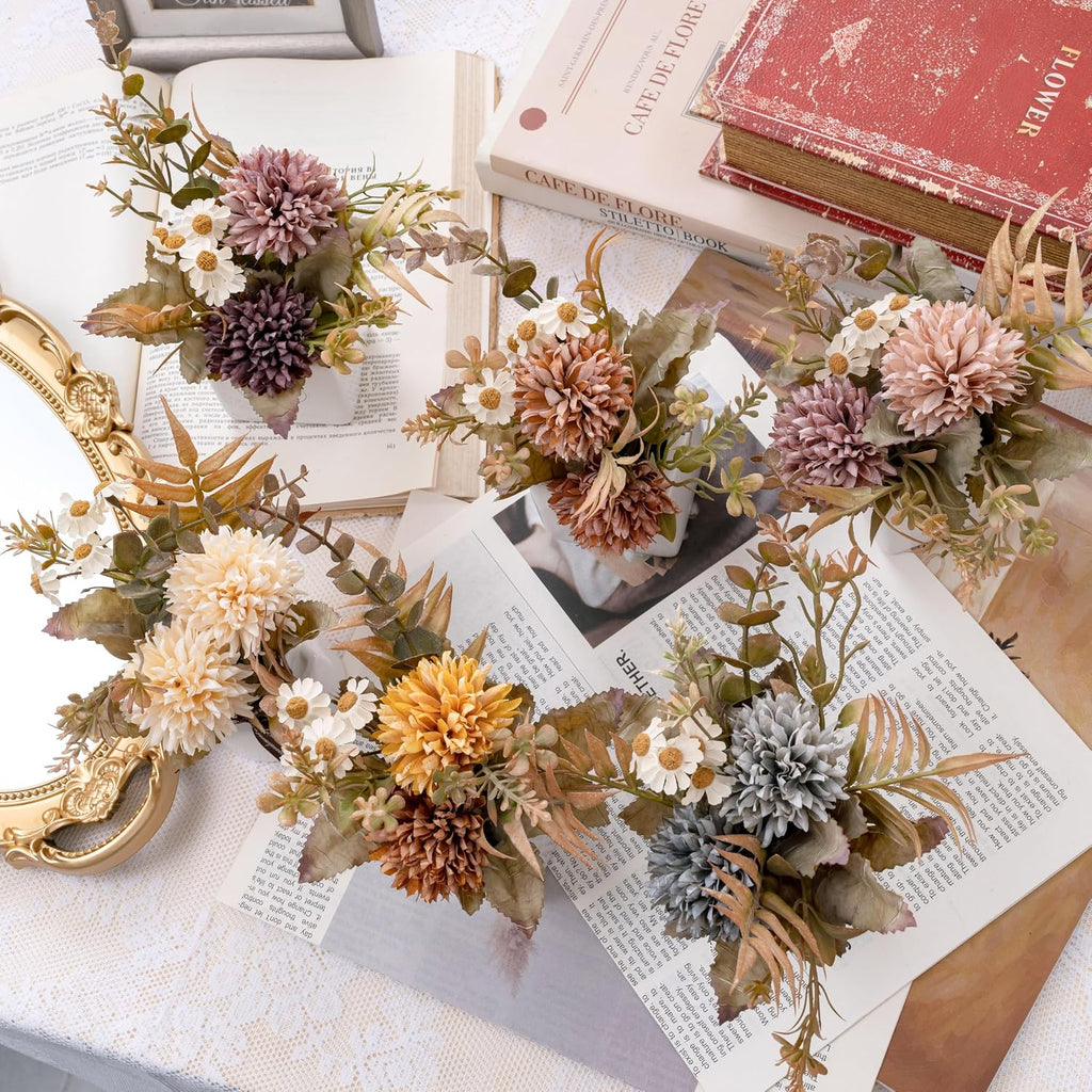 LUEUR 6PCS Artificial Fall Flowers with Ceramic Vase