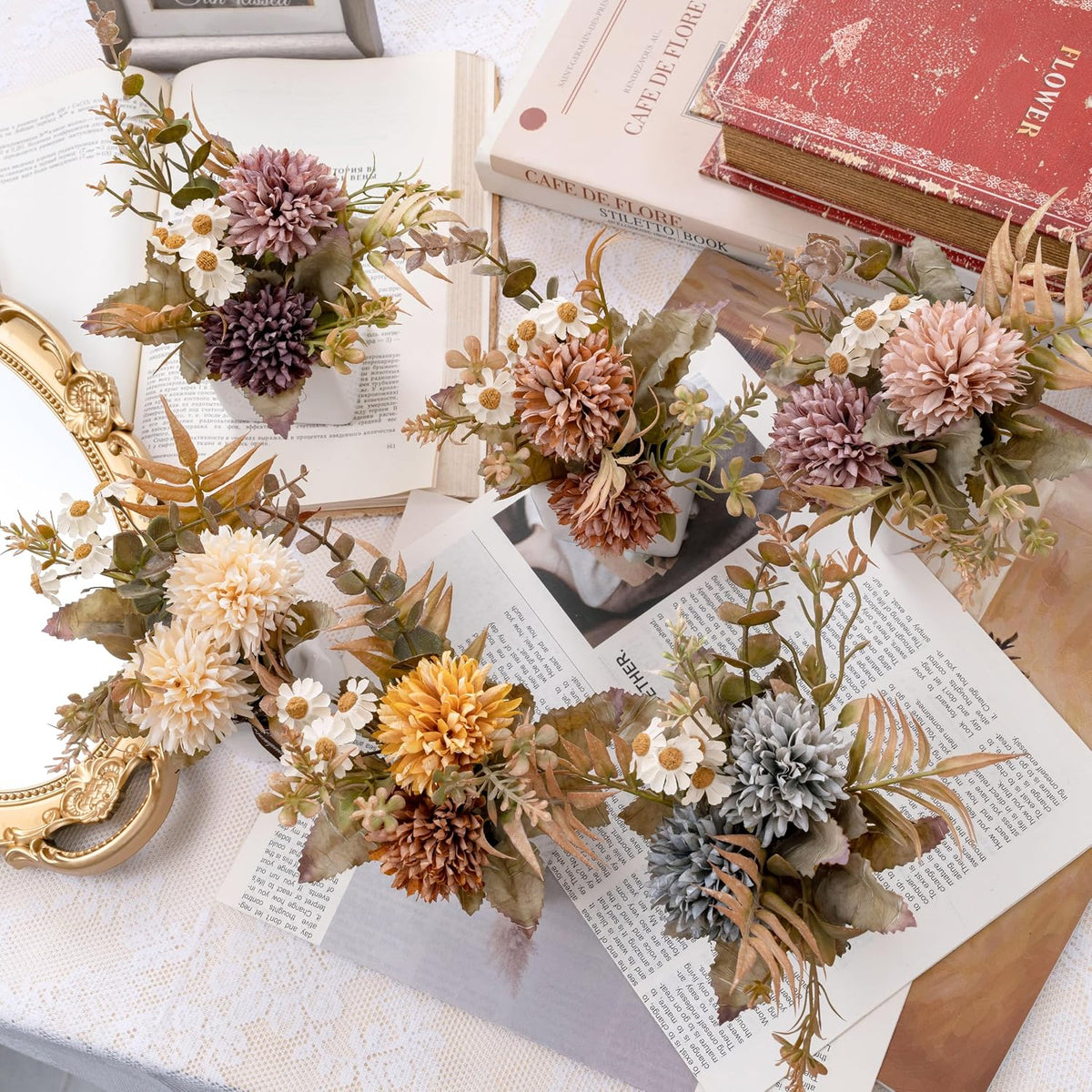 LUEUR 6PCS Artificial Fall Flowers with Ceramic Vase