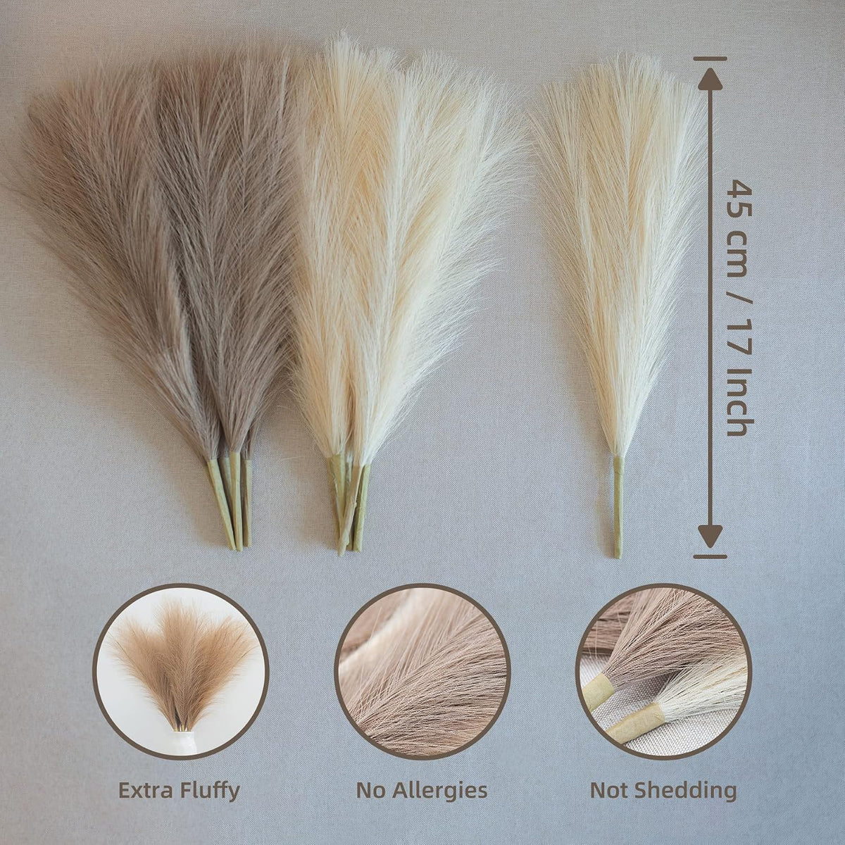 Faux Pampas Grass, 18"/45cm Artificial Pampas Grass Fluffy 6 Stem pompous Grass Flower Arrangement for Boho Home Wedding Decoration (Beige,Taupe)