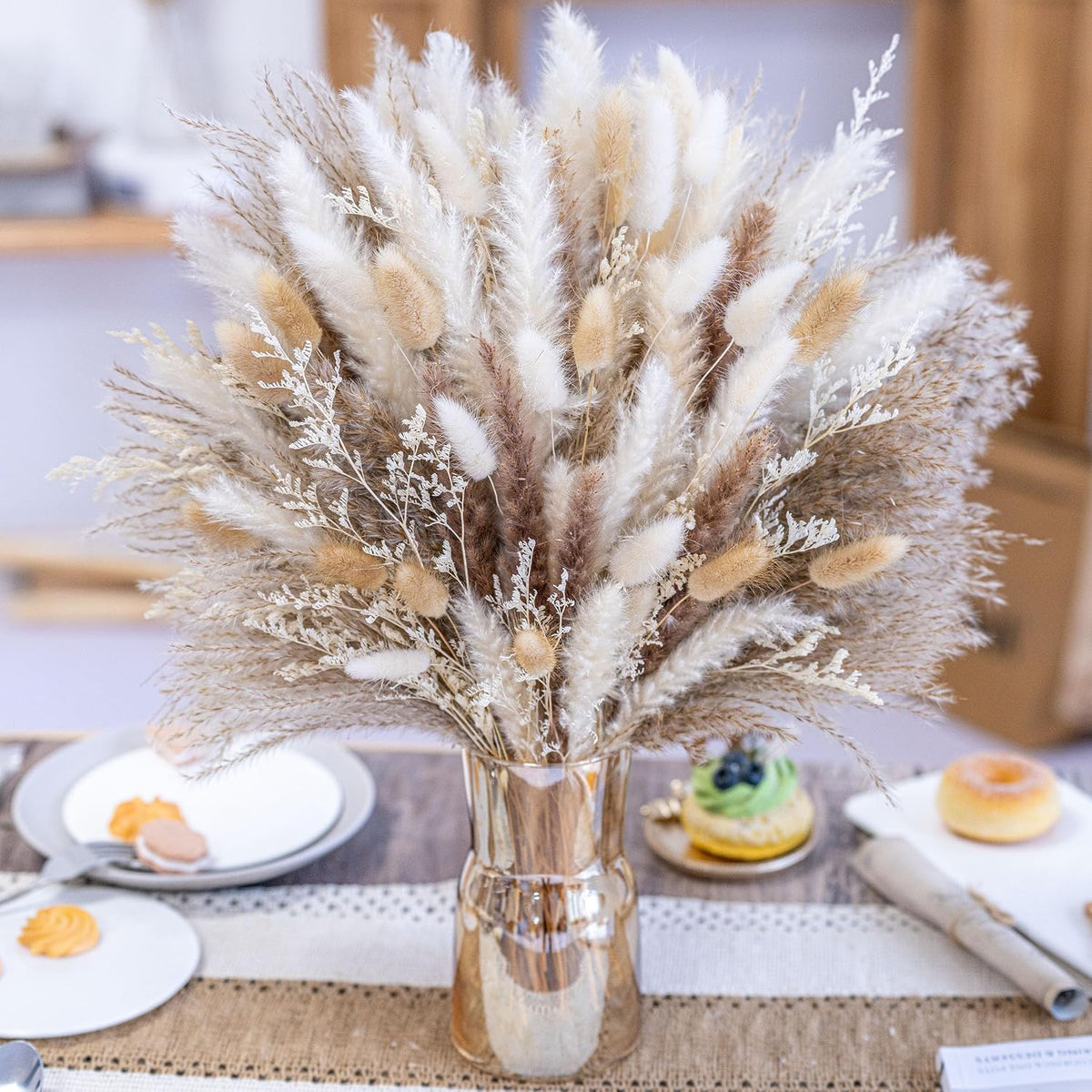 floradream 95 PCS Natural Pampas Grass Decor Bouquet | Boho Dried Floral Arrangement Centerpiece Table Decor Wedding Decor Rustic Decor, Natural, white, beige (Fdm-b-01)