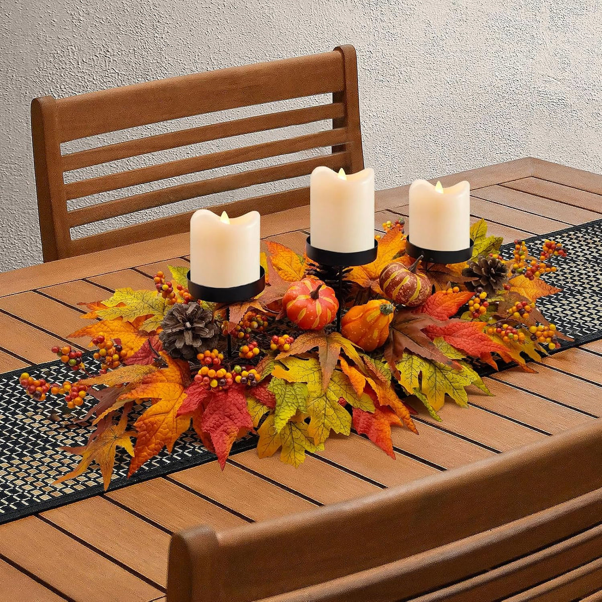 Fall Centerpiece Table Decorations, 27.5'' L Assorted Artificial Pumpkins, Berries, Maple Leaves and Pine Cones, Harvest Table Candle Holder for Dinning Table, Fireplace Mantel (Candle Not Included)