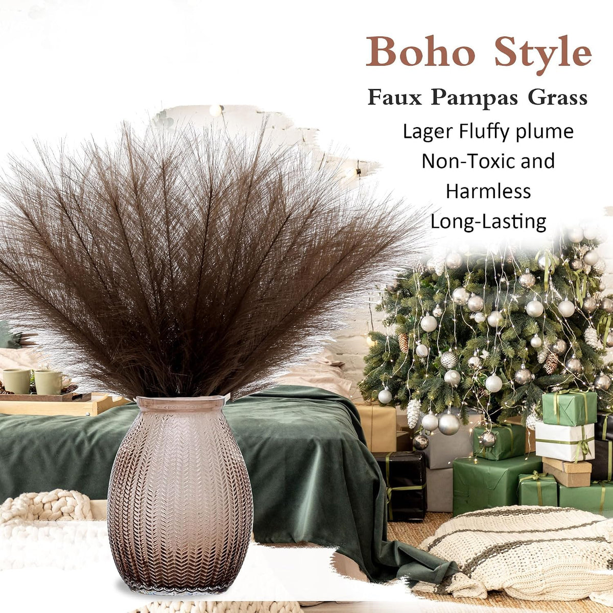 30PCS Dark Brown Faux Pampas Grass 17" for Vase Filler