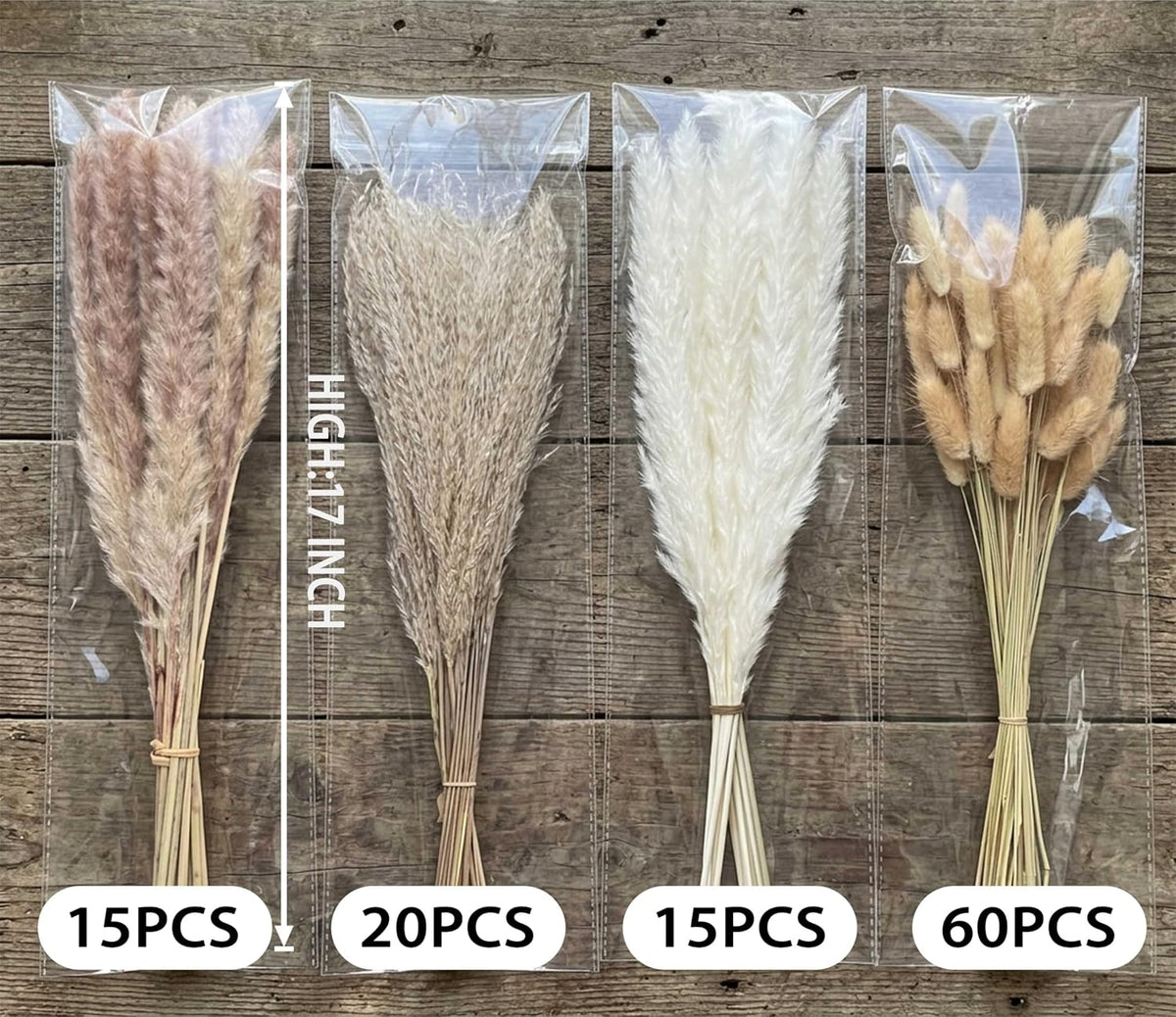 110 Stems 17" Dried Pampas Grass, Boho Table Decor Natural Reed Phragmites Grass + Brown & White Pampas Grass + Bunny Tails Flowers Bouquet for Wedding Floral Arrangements Farmhouse Home Rustic Wall