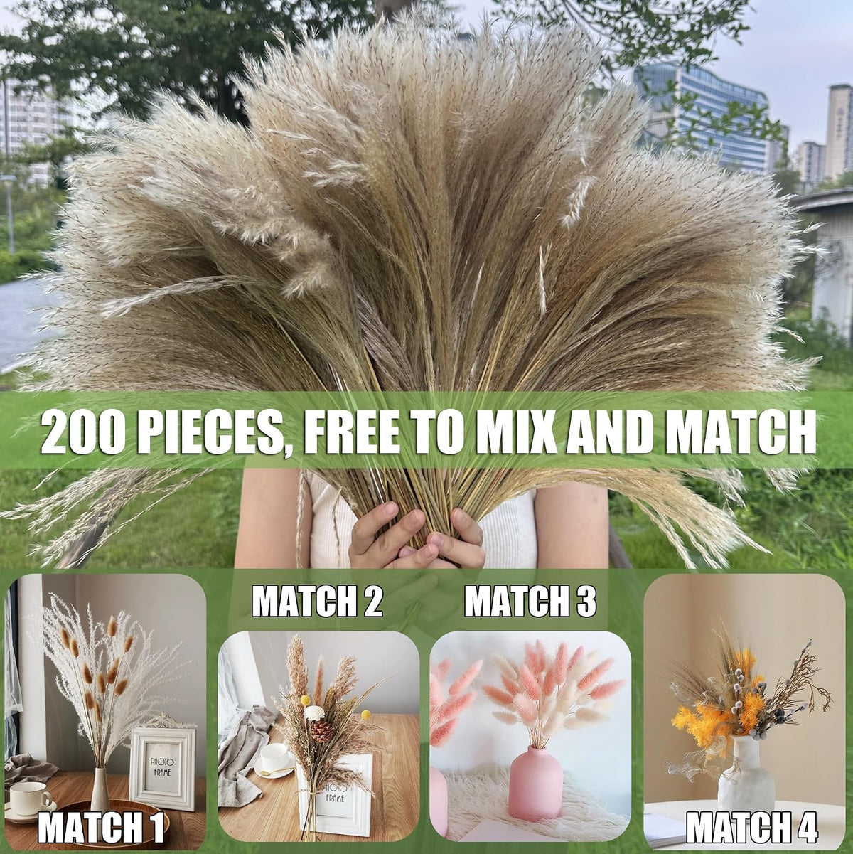 200 PCS Dried Pampas Grass Bouquet, Boho Table Decor,Fall Home Decorations, Super Quantity,for Wedding Boho Flowers Home Table Decor, Rustic Farmhouse Party (17 inch )