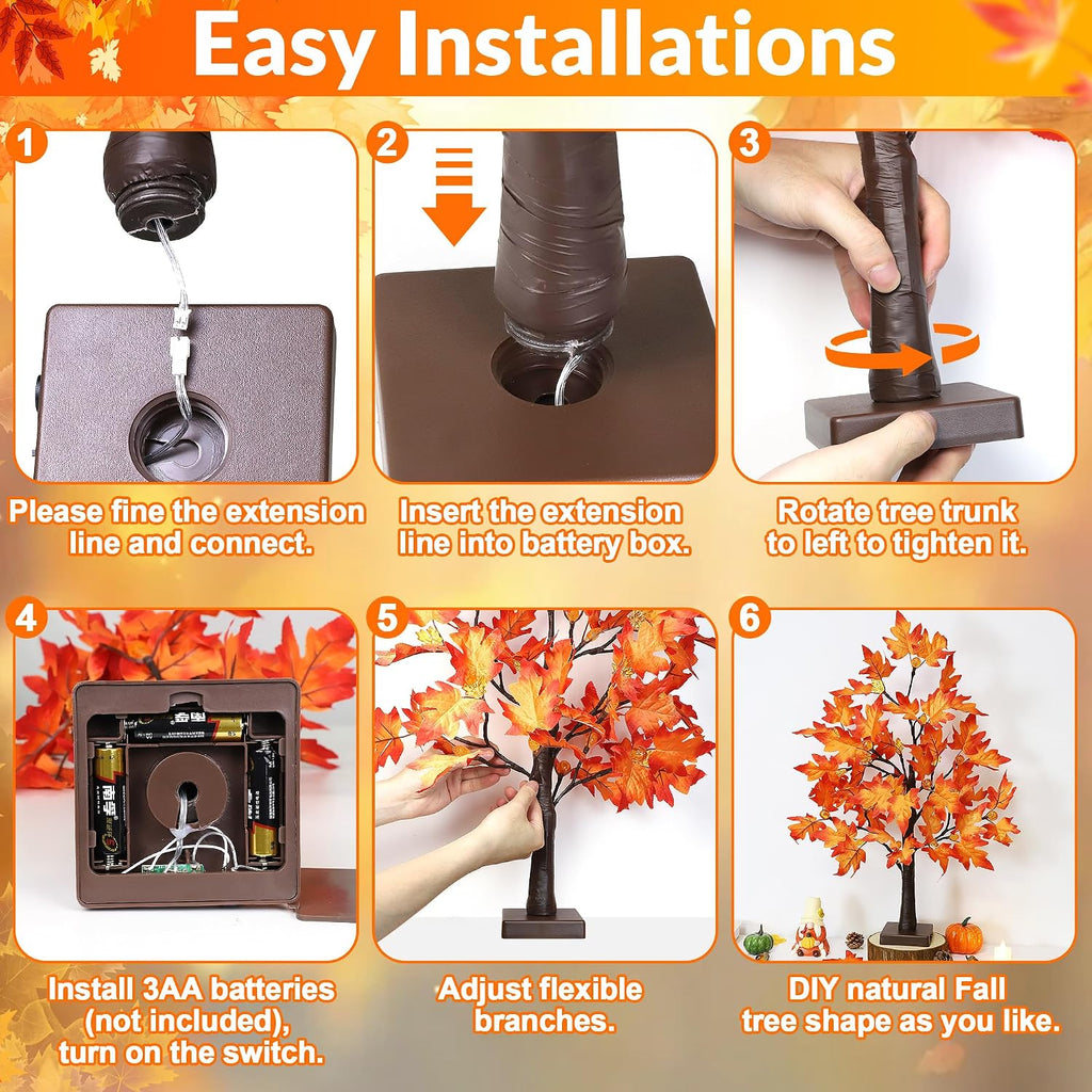 [Timer] 2 Pack 24 Inch Fall Maple Tree Decor with 48 LED Fall Thanksgiving Decorations, Battery Operated Fall Tree Lights with Pumpkin Acorn Maple for Fall Thanksgiving Table Decorations Home Indoor