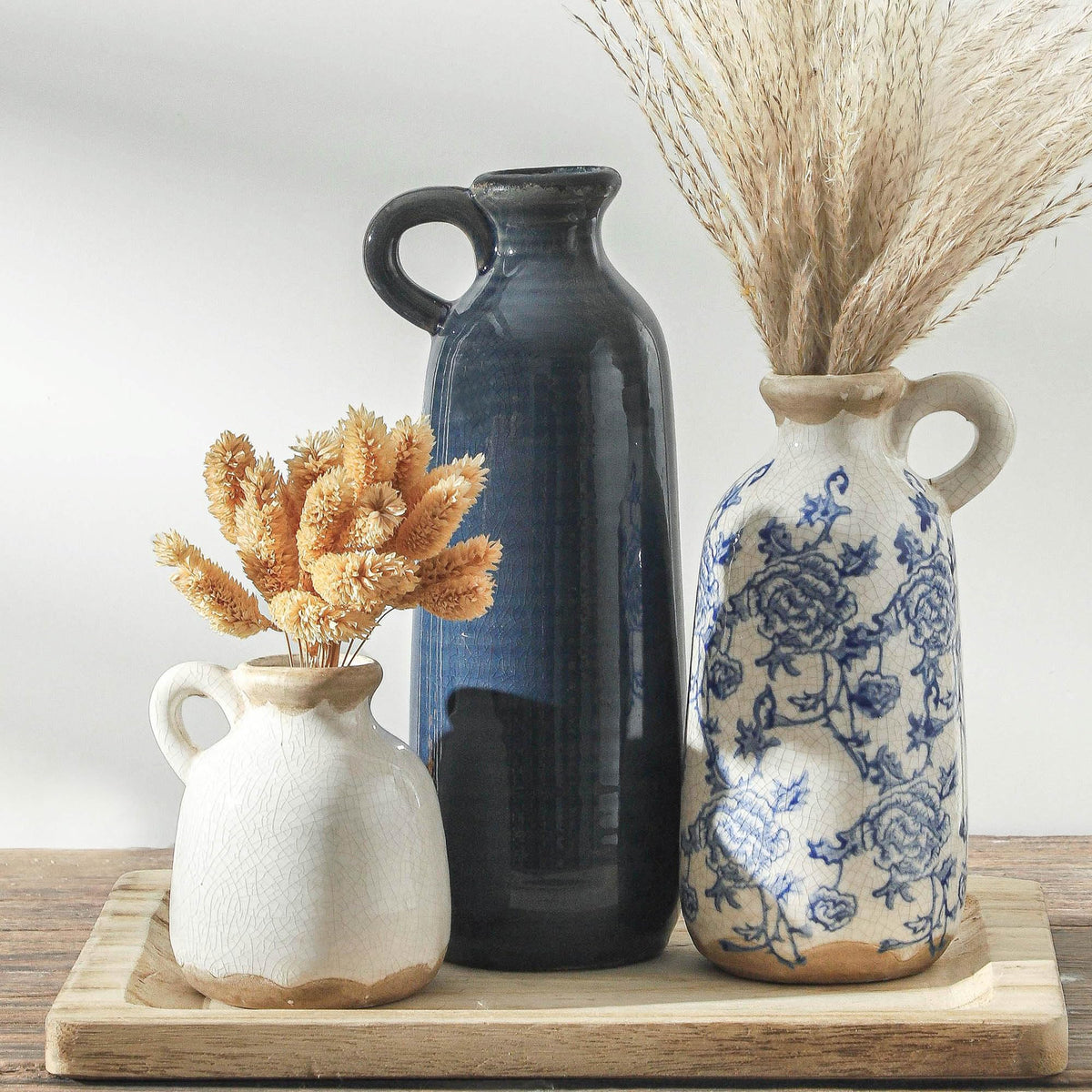 Ceramic Vases Set of 3, Neutral Rustic Farmhouse Vase with Handle, Decorative Flower Vases Home Decor Modern Boho Pampass Vase for Table Mantel Entryway Shelf Living Room Kitchen Bathroom - Brown