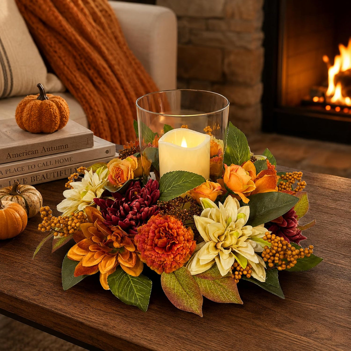 17 Inch Fall Hurricane Candle Holder with Dahlias, Mums and Berries