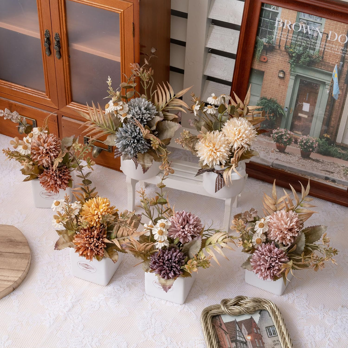 LUEUR 6PCS Artificial Fall Flowers with Ceramic Vase