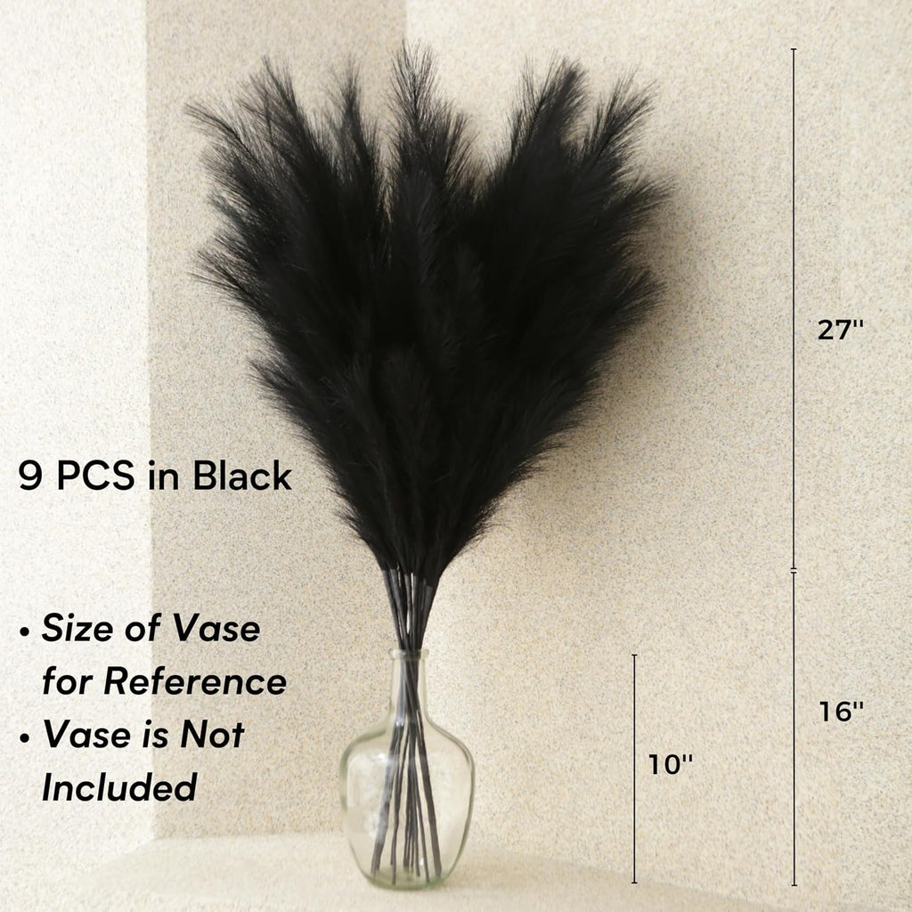 Faux Pampas Grass Tall, 9 PCS 43''/ 110 cm Large Black Pampas Grass Decor, Fake Pompas Branches, Long Feathers for Floor Vase, Boho Flower Arrangement for Home Wedding Decor (Black)