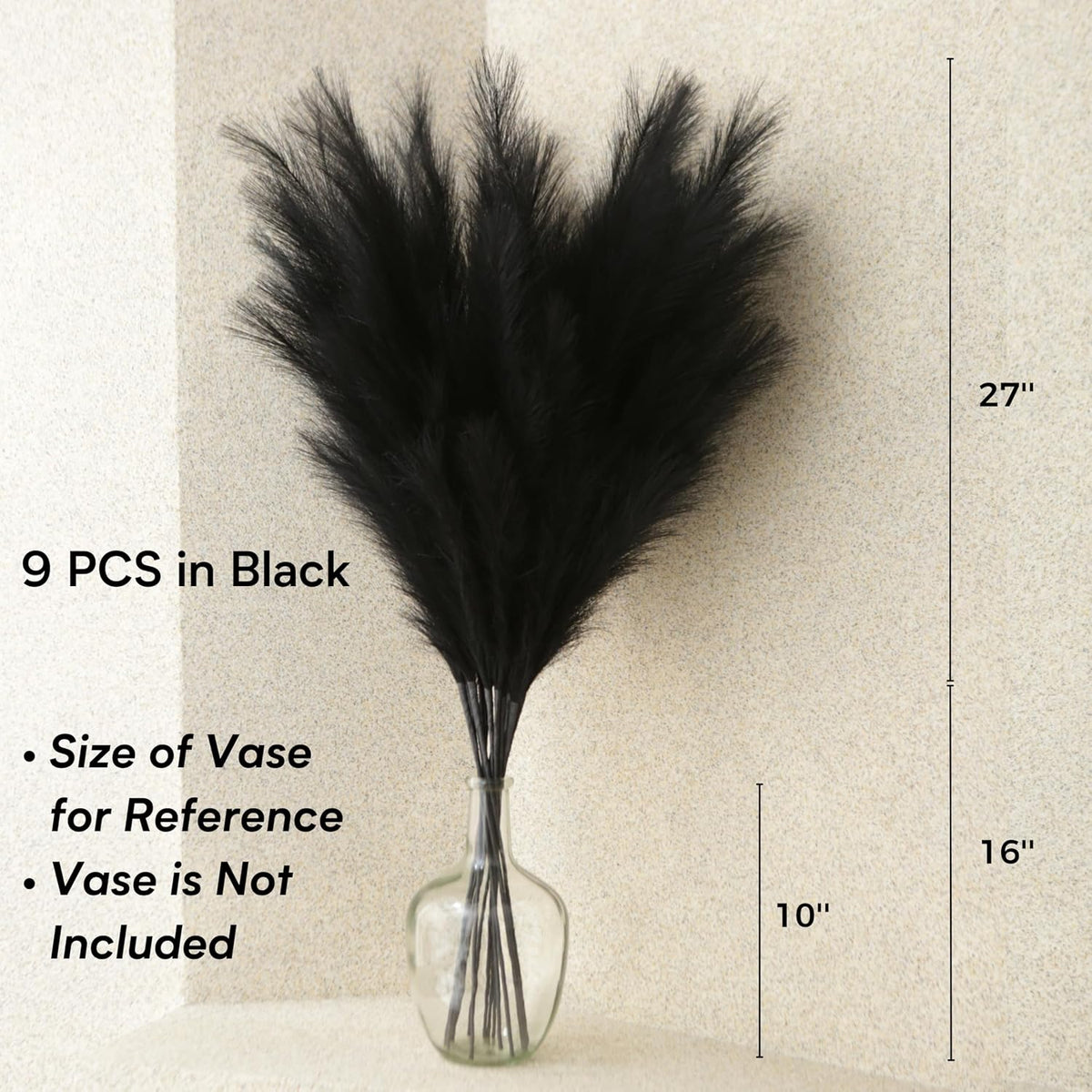 Faux Pampas Grass Tall, 9 PCS 43''/ 110 cm Large Black Pampas Grass Decor, Fake Pompas Branches, Long Feathers for Floor Vase, Boho Flower Arrangement for Home Wedding Decor (Black)
