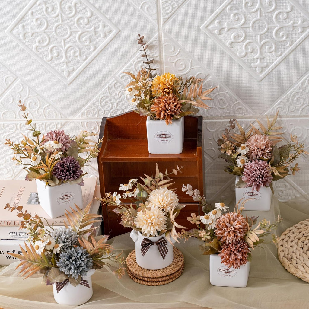 LUEUR 6PCS Artificial Fall Flowers with Ceramic Vase