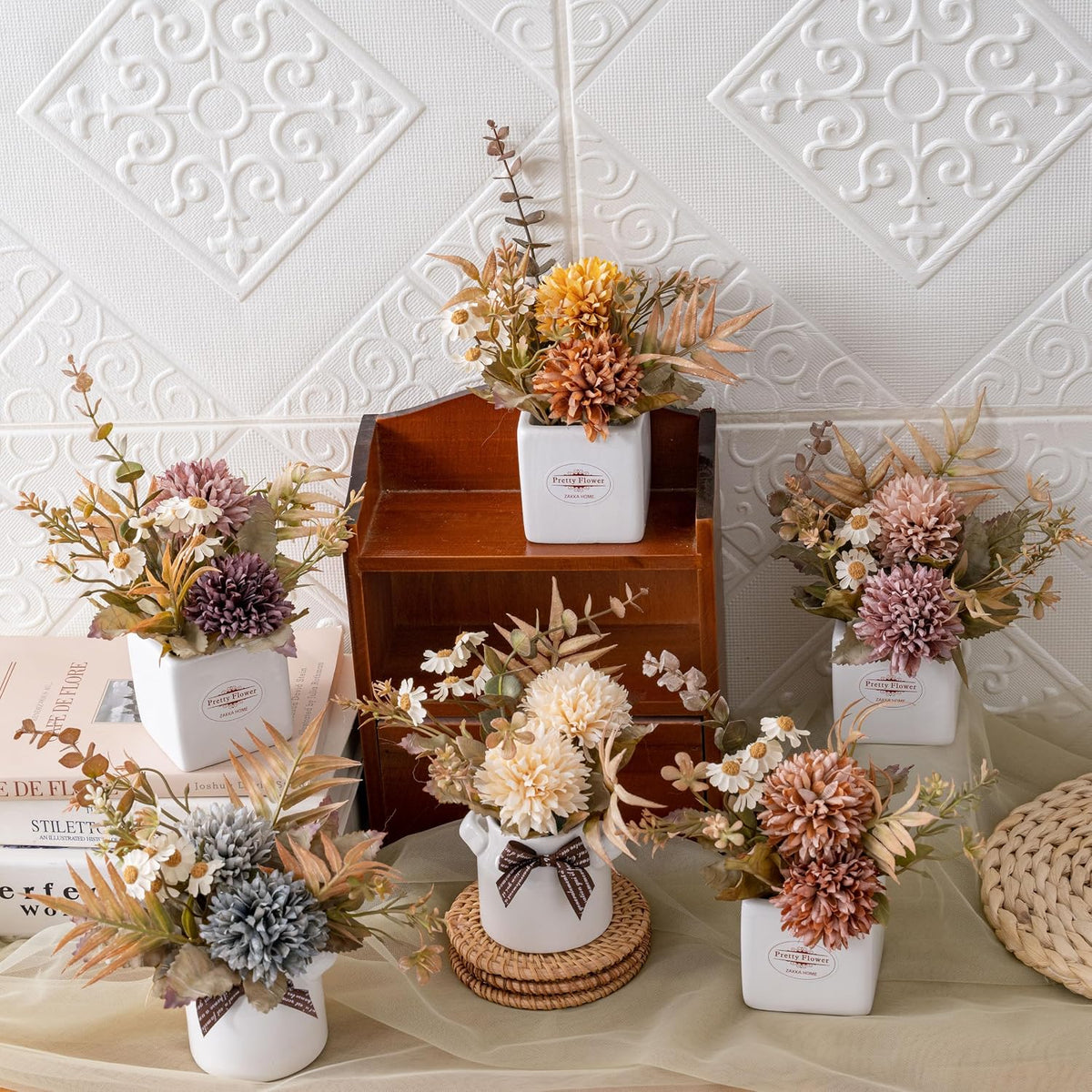 LUEUR 6PCS Artificial Fall Flowers with Ceramic Vase