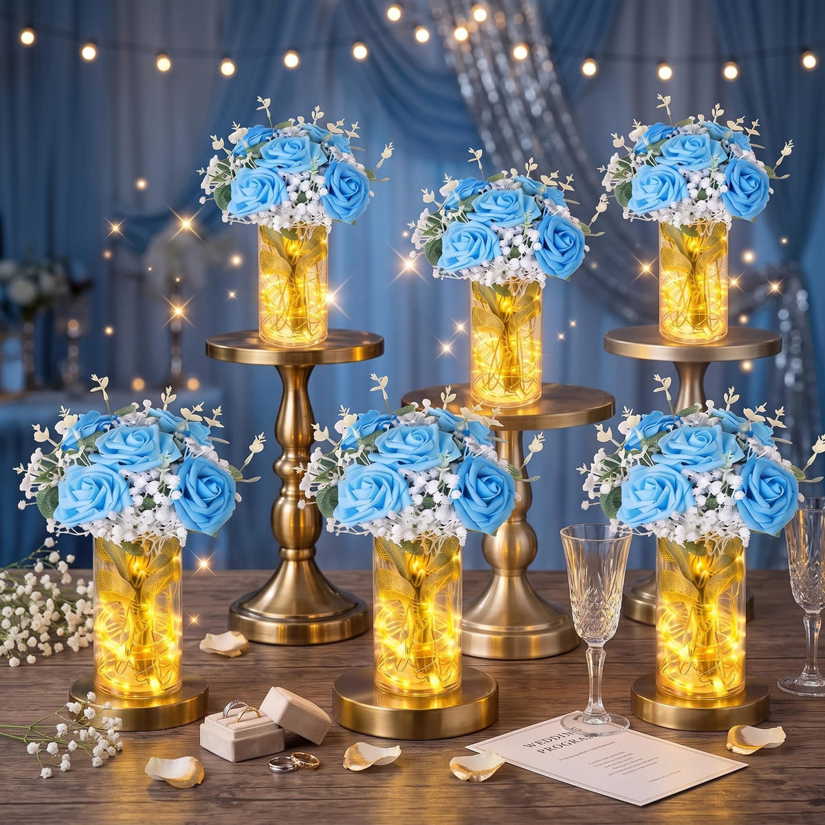 Domensi Set of 6 LED Lighted Floral Table Centerpieces, Faux Roses, Eucalyptus & Baby's Breath in Acrylic Vase, Glowing Rustic Wedding Decor for Bridal Shower, Party & Dining Table(White)