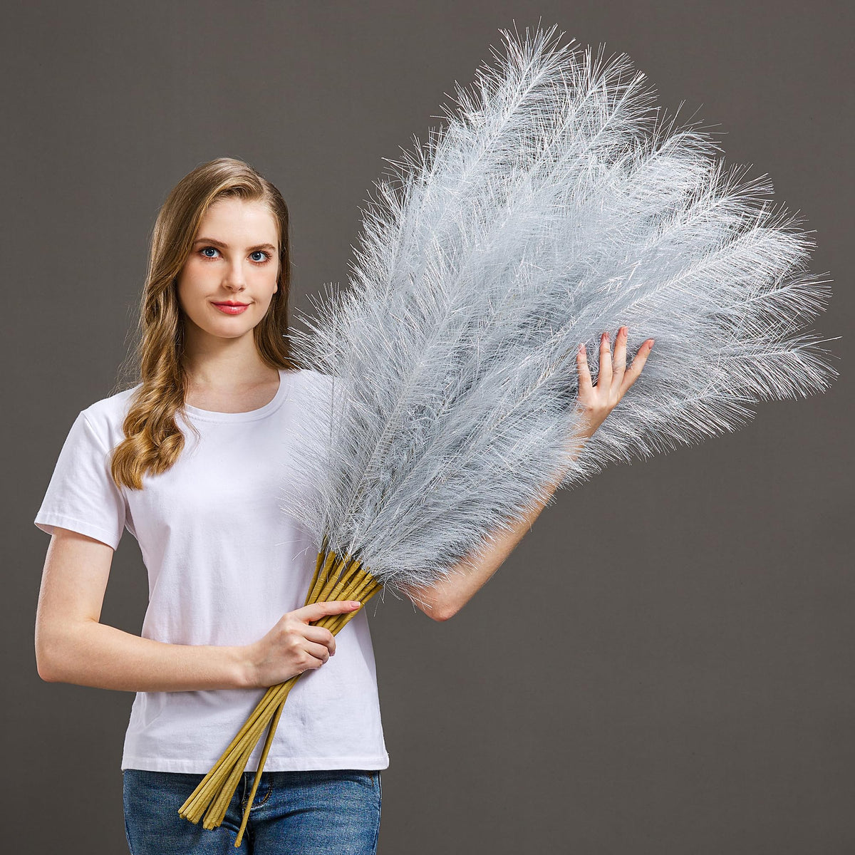 7 Pcs 45" Faux Pampas Grass – Fluffy Artificial Pompous Grass for Tall Floor Vase, Non-Shedding Home Decor, Boho Wedding Flowers, Baby Shower Centerpieces, Bedroom & Living Room Decor (Blue)
